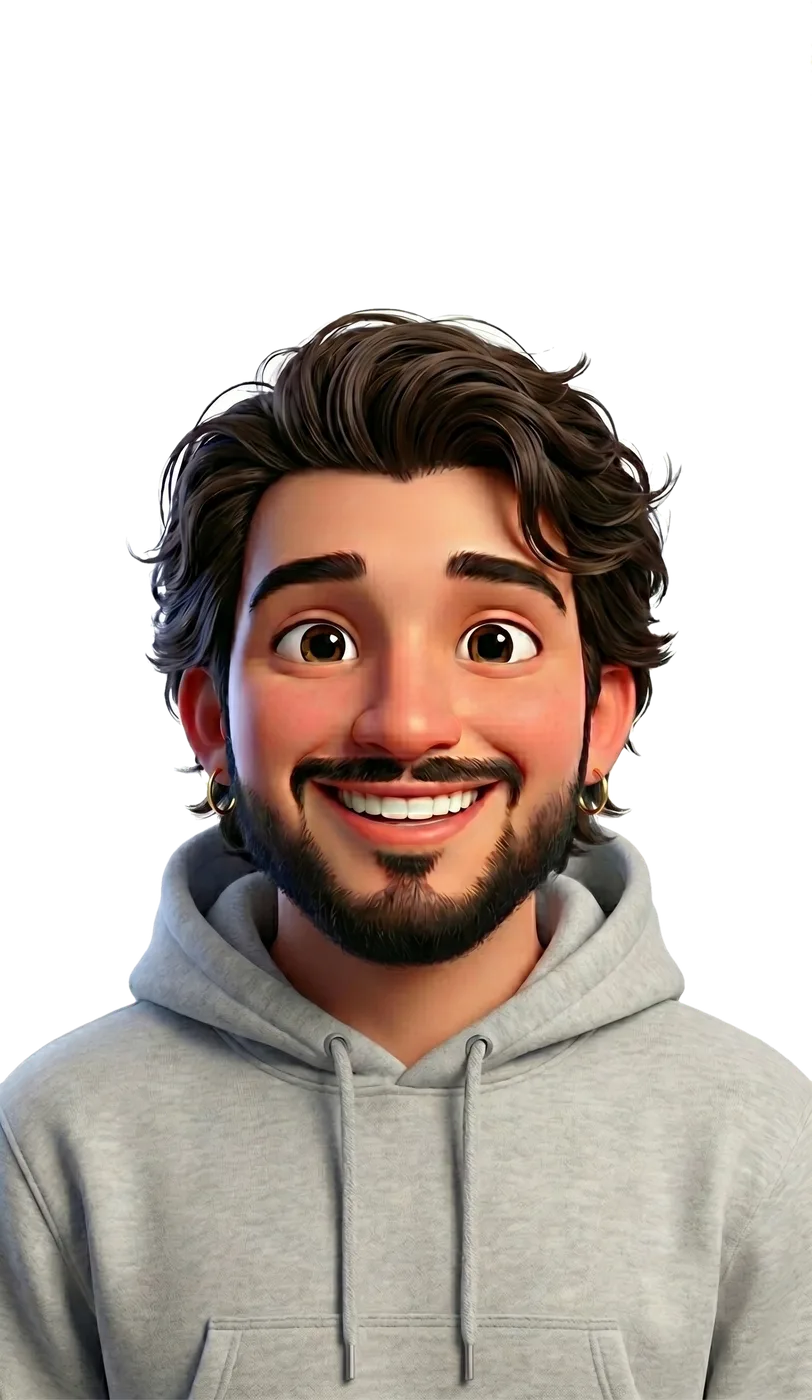 Ilustración 3D de Brandon Sosa sonriendo, con sudadera gris